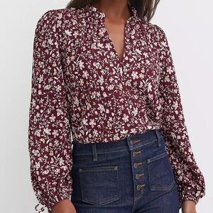 LOFT Floral Ruffle Tie Cuff Top – Burgundy